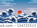 Ukiyo-e style waves and Mt. Fuji, Japanese style background of the first sunrise 134725513