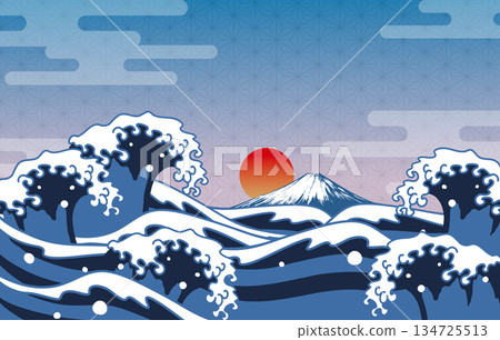 Ukiyo-e style waves and Mt. Fuji, Japanese style background of the first sunrise 134725513