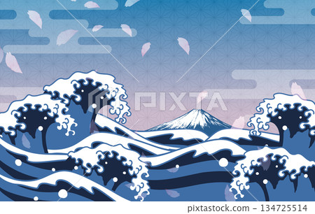 Japanese-style background with ukiyo-e style waves and Mount Fuji with cherry blossoms 134725514
