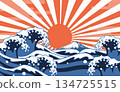 Ukiyo-e style waves and Mt. Fuji, Japanese style background of the first sunrise 134725515