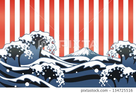 Japanese style illustration of ukiyo-e style waves and Mt. Fuji on a striped background Japanese style illustration of ukiyo-e style waves and Mt. Fuji on a striped background 134725516