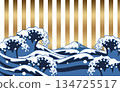 Japanese style illustration of ukiyo-e style waves and Mt. Fuji on a striped background 134725517