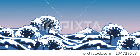 日式背景,浮世繪風格的波浪和富士山,橫幅 日式背景,浮世繪風格的波浪和富士山,橫幅 134725518