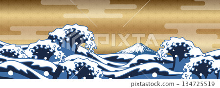 Ukiyo-e style waves and Mt. Fuji, gold Japanese style background, horizontal 134725519
