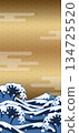 Ukiyo-e style waves and Mt. Fuji, gold Japanese background, vertical 134725520