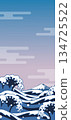 Japanese-style background of Ukiyo-e style waves and Mt. Fuji, vertical 134725522