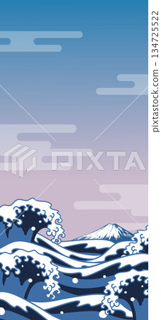 Japanese-style background of Ukiyo-e style waves and Mt. Fuji, vertical Japanese-style background of Ukiyo-e style waves and Mt. Fuji, vertical 134725522