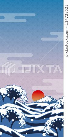 Japanese-style background of Ukiyo-e style waves, Mt. Fuji, and the first sunrise of the year, vertical 134725523