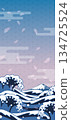 Japanese-style background with ukiyo-e style waves, Mount Fuji and cherry blossoms (vertical) 134725524