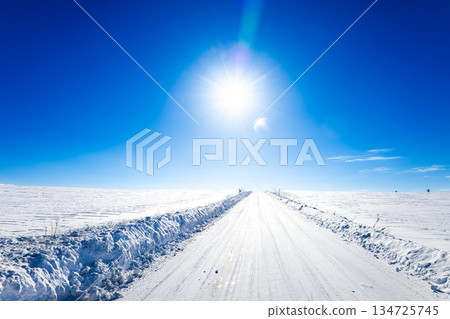 北海道美瑛的冬季景色，藍天白雲，陽光燦爛，積雪厚實，道路結冰。 134725745