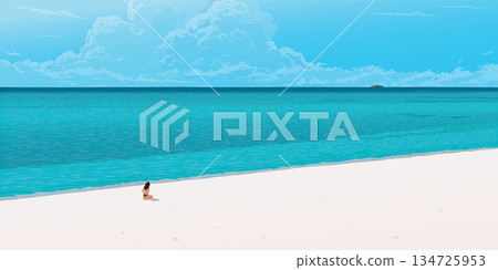 Minimalist landscape of tropical blue sea with a girl sunbathe at white sand beach have blue sky background graphic illustration. Traveling in summer concept have blank space. 134725953