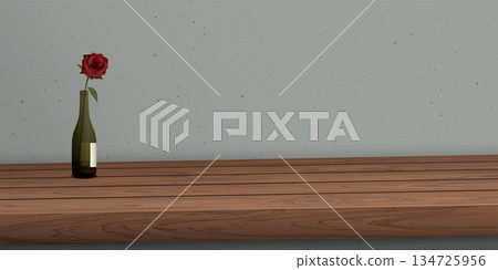 Wooden counter with red rose in the bottle of liquor have blank space for place the products presentation and have cement wall background graphic illustration. 134725956