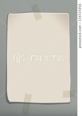 Blank old paper poster stuck with tape on cement wall background graphic illustration. 134725958
