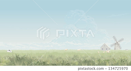 Minimalist agriculture landscape with country house and wind turbine have blue sky background. Farmland in spring season concept graphic illustration. 134725970