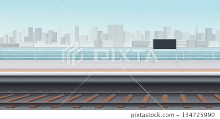 The platform of the riverside train station have skyscrapers located opposite the river bank graphic illustration. The platform of the riverside train station have skyscrapers located opposite the river bank graphic illustration. 134725990