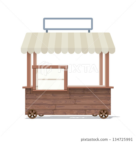Wooden street shop cart mock up isolated with window display and blank signboard graphic illustration. Small business and street food concept. 134725991