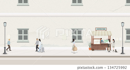 Old town landscape side view have coffee cart and many people on sidewalk graphic illustration. Old town landscape side view have coffee cart and many people on sidewalk graphic illustration. 134725992