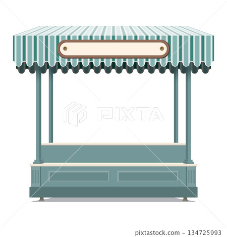 Street shop kiosk isolated mock up with blank countertops display and blank signboard graphic illustration. Small business and street food concept. Street shop kiosk isolated mock up with blank countertops display and blank signboard graphic illustration. Small business and street food concept. 134725993