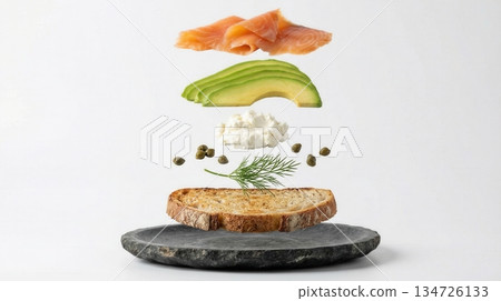 Deconstructed Salmon And Avocado Toast Ingredients white background 134726133