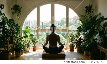Person Relaxing in Cozy Futuristic Living Room with Indoor Trees Person Relaxing in Cozy Futuristic Living Room with Indoor Trees 134726150