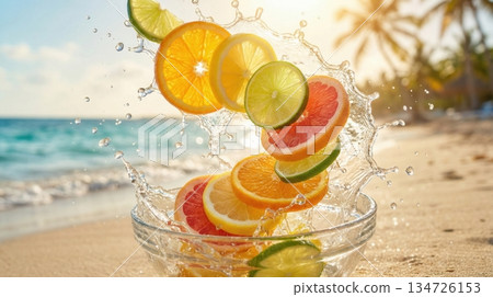 Exploded View Of Tropical Citrus Fruit Slices And Juice Splash on beach 134726153