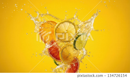 Exploded View Of Tropical Citrus Fruit Slices And Juice Splash 134726154