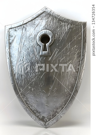 帶有鑰匙孔的銀色盾牌的三維插圖 134726354