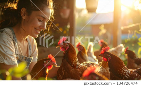Young farmer feeding free range chickens at sunset on an organic farm, showing sustainable agriculture, animal care, rural lifestyle, local food production, and natural farming with warm golden light 134726474