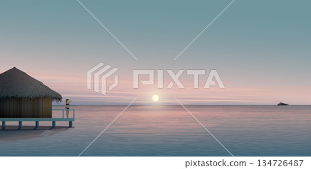 Minimalist sunset seascape with overwater bungalow have twilight sky background graphic illustration. 134726487