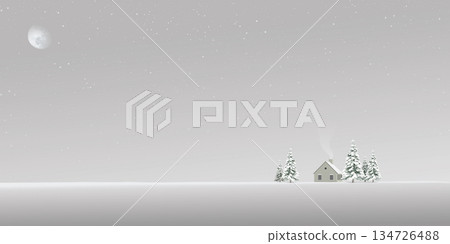 Minimalist snowscape at night with log cabin have moon and starry sky background graphic illustration. Merry Christmas and Happy New Year greeting card template have blank space. 134726488