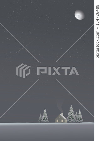 Minimalist snowscape at night with log cabin have moon and starry sky vertical background graphic illustration. Merry Christmas and Happy New Year greeting card template have blank space. 134726489