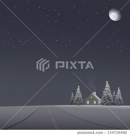 Local road through countryside with log cabin in winter season at night have moon and starry sky square background graphic illustration. 134726490