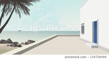 Minimalist building at seaside with silhouette palm trees have blue sky background graphic illustration. Minimalist building at seaside with silhouette palm trees have blue sky background graphic illustration. 134726494
