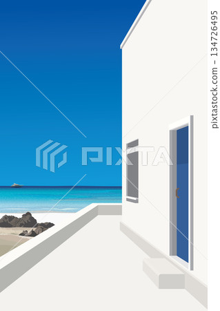 Minimalist building at seaside in sunny day have blue sky vertical background graphic illustration. Minimalist building at seaside in sunny day have blue sky vertical background graphic illustration. 134726495
