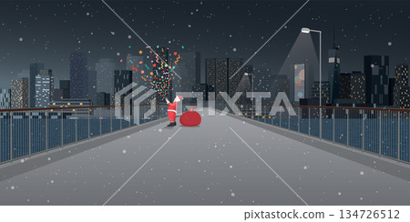 Cityscape in Christmas eve with Santa Claus playing party popper with confetti on pedestrian bridge across the river have skyscrappers and night sky background graphic illustration. 134726512
