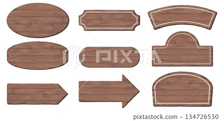 Blank signboard isolated various shapes made from cut timber panels and held together with brass rivets graphic illustrated. Set of nameplate wooden texture mocha mousse tone pattern frame. 134726530