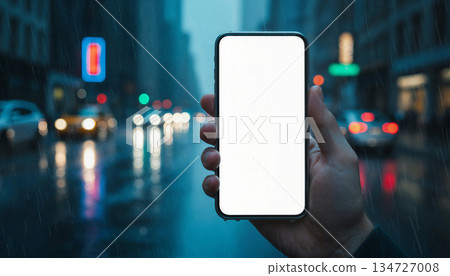 Mockup image of a man's hand holding black mobile phone with blank white screen in the city at night Mockup image of a man's hand holding black mobile phone with blank white screen in the city at night 134727008