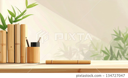 Minimalist bamboo desk setup with bamboo stationery and plants creates serene workspace Minimalist bamboo desk setup with bamboo stationery and plants creates serene workspace 134727047