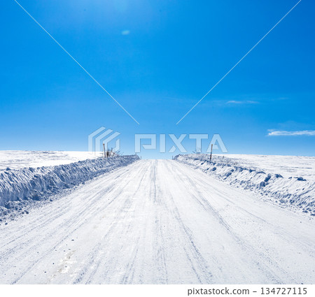 北海道美瑛市，隆冬時節，山坡上積雪結冰的道路。 134727115