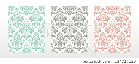 Wallpapers in the style of Baroque.. Set of colored floral ornaments. Seamless vector backgrounds Graphic patterns for fabric, wallpaper, packaging. Ornate Damask flower illustration Wallpapers in the style of Baroque.. Set of colored floral ornaments. Seamless vector backgrounds Graphic patterns for fabric, wallpaper, packaging. Ornate Damask flower illustration 134727129