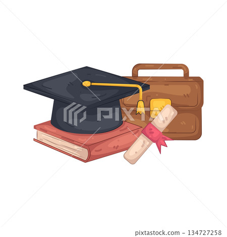 Illustration of graduation cap with diploma and briefcase  134727258