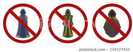 A vector set of prohibition signs. No capes allowed. No anonymity allowed. No entry for magicians. A vector set of prohibition signs. No capes allowed. No anonymity allowed. No entry for magicians. 134727435