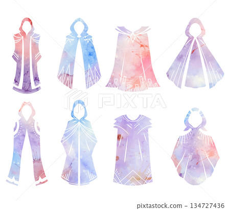Vector watercolor set of fantasy cloaks in various styles. Collection of wizard clothing for games and concept art. Medieval clipart Vector watercolor set of fantasy cloaks in various styles. Collection of wizard clothing for games and concept art. Medieval clipart 134727436