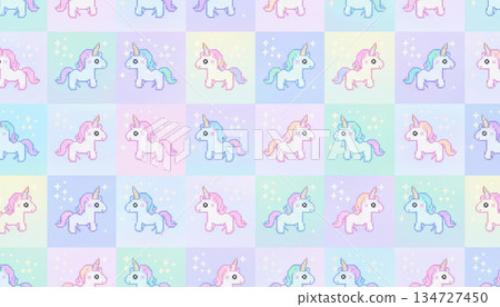色彩繽紛、夢幻可愛的獨角獸像素藝術圖案背景 134727450