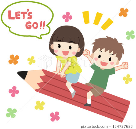 孩子們騎在大鉛筆上的插圖 134727683
