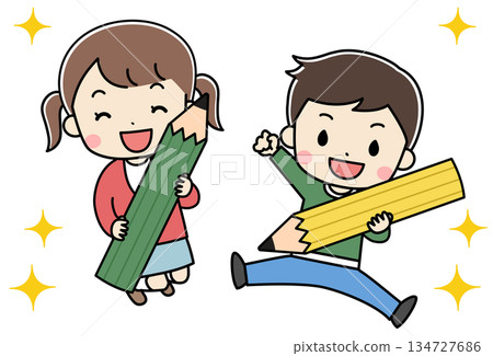 孩子們拿著大鉛筆跳躍的插圖 134727686