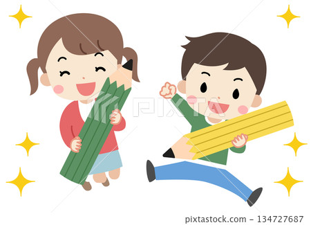 孩子們拿著大鉛筆跳躍的插圖 134727687