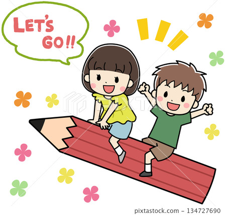 Illustration of Kids Riding on a Big Pencil 134727690
