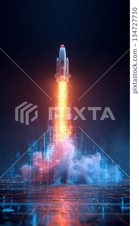 Futuristic Rocket Launch from Digital Grid in Vibrant Orange-Blue Tones 134727730