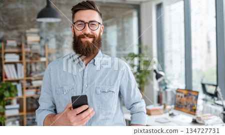 Modern Entrepreneur Showcasing App Design in Creative Office Setting 134727731